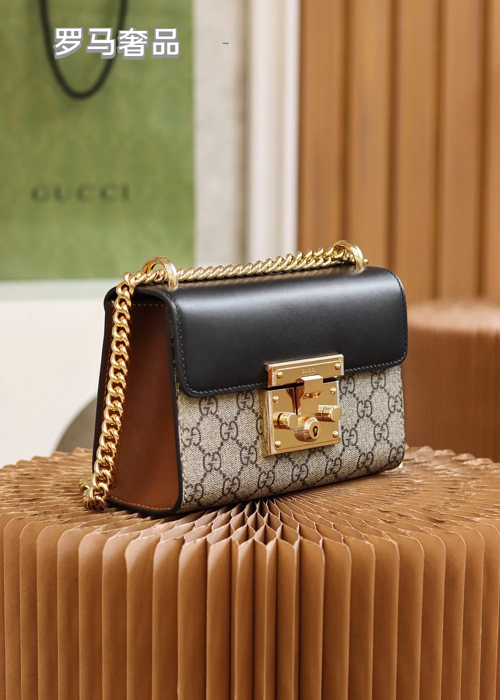 Gucci Vintage Monogram Canvas Crossbody Bag with Leather Flap and Gold Chain
