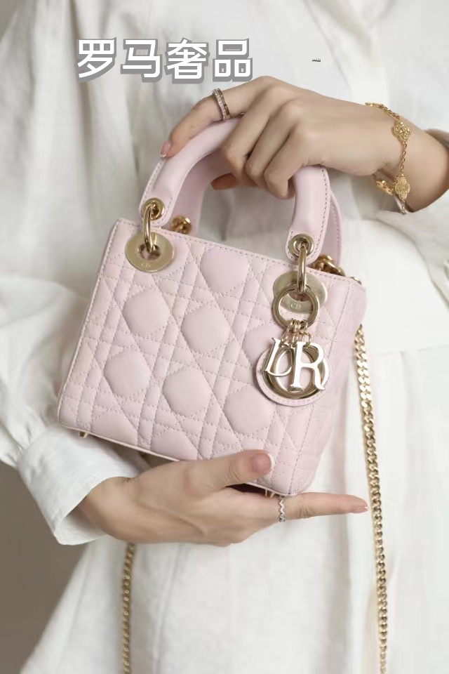Dior Elegant Pink Heart Quilted Mini Top Handle Bag with Gold Chain