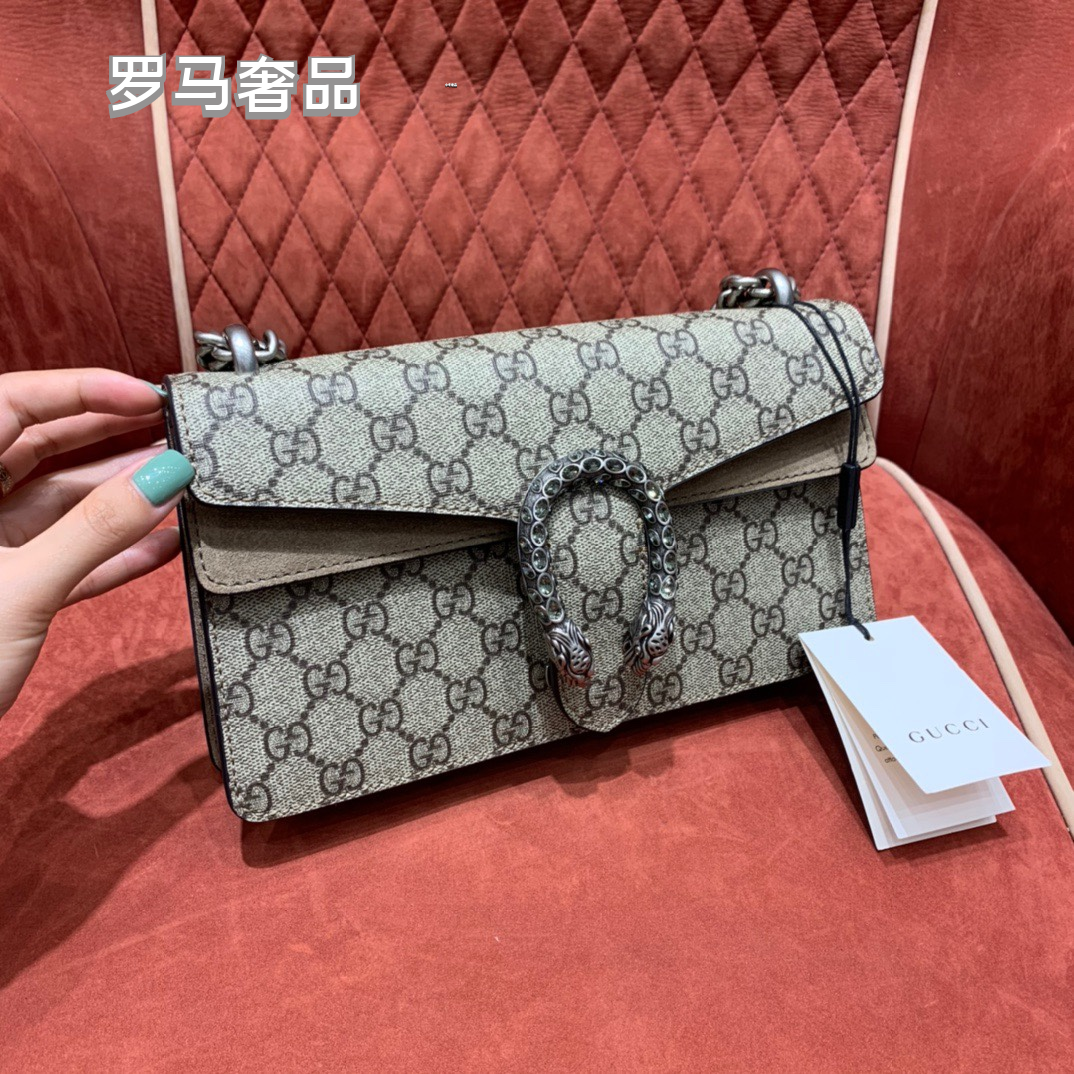 Gucci Monogram Canvas Chain Shoulder Bag with Tiger Head Clasp