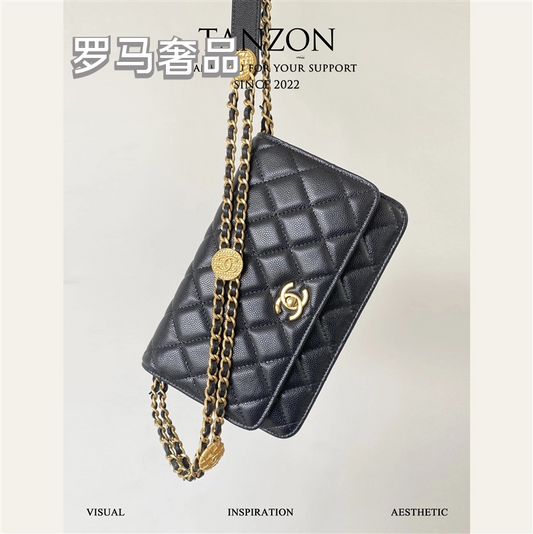 Tanzon Black Quilted Leather Crossbody Bag with Gold Chain Strap