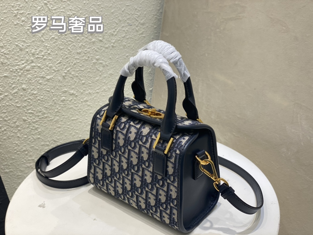 Dior Vintage Blue Monogram Canvas Top Handle Crossbody Handbag