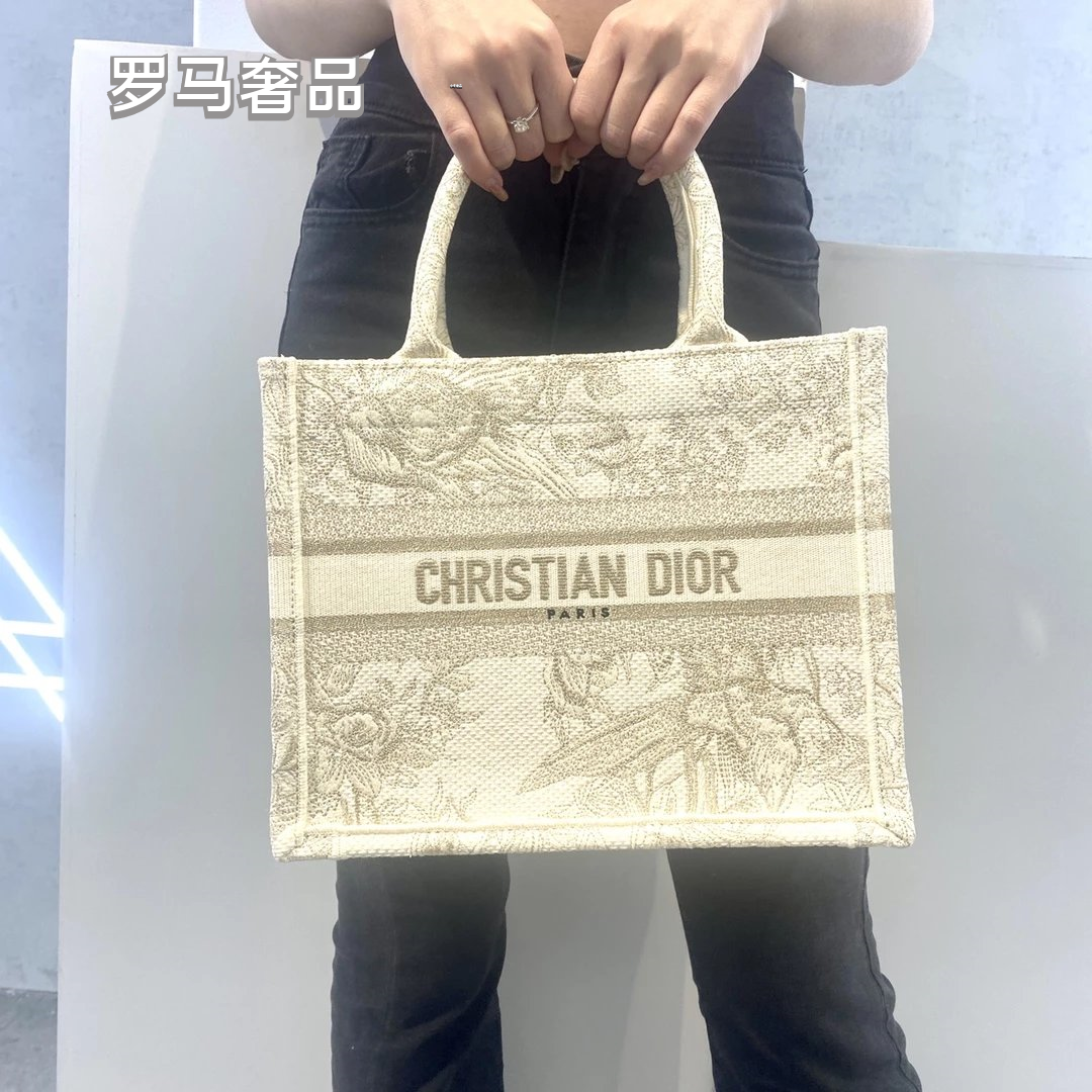 Christian Dior Book Tote Toile de Jouy Canvas Bag - Large Beige/Grey