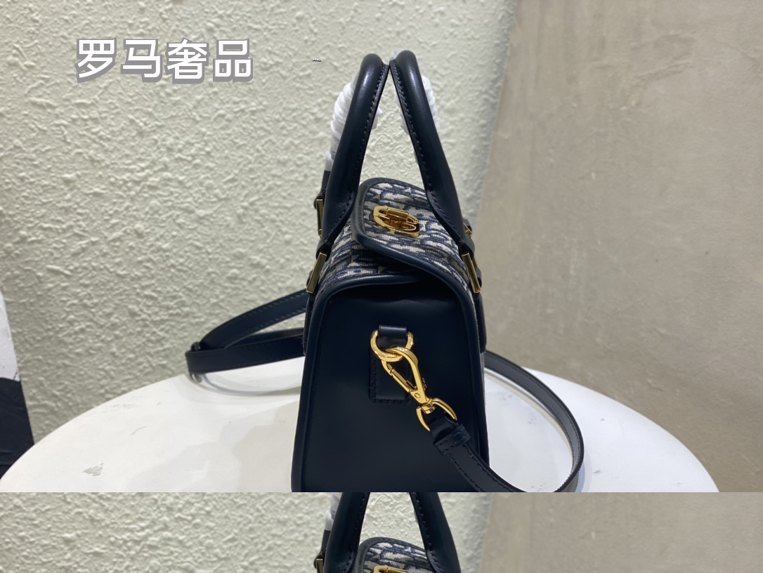 Dior Vintage Blue Monogram Canvas Top Handle Crossbody Handbag