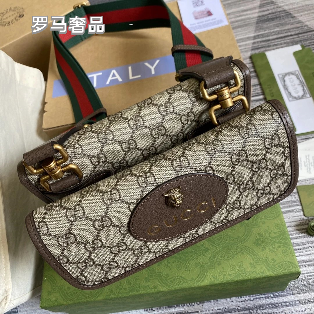 Gucci Vintage Monogram Canvas Crossbody Bag with Web Strap and Leather Trim