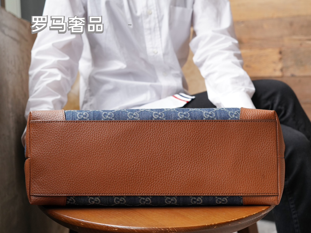 Gucci Vintage Monogram Canvas Shoulder Tote Bag with Brown Leather Trim